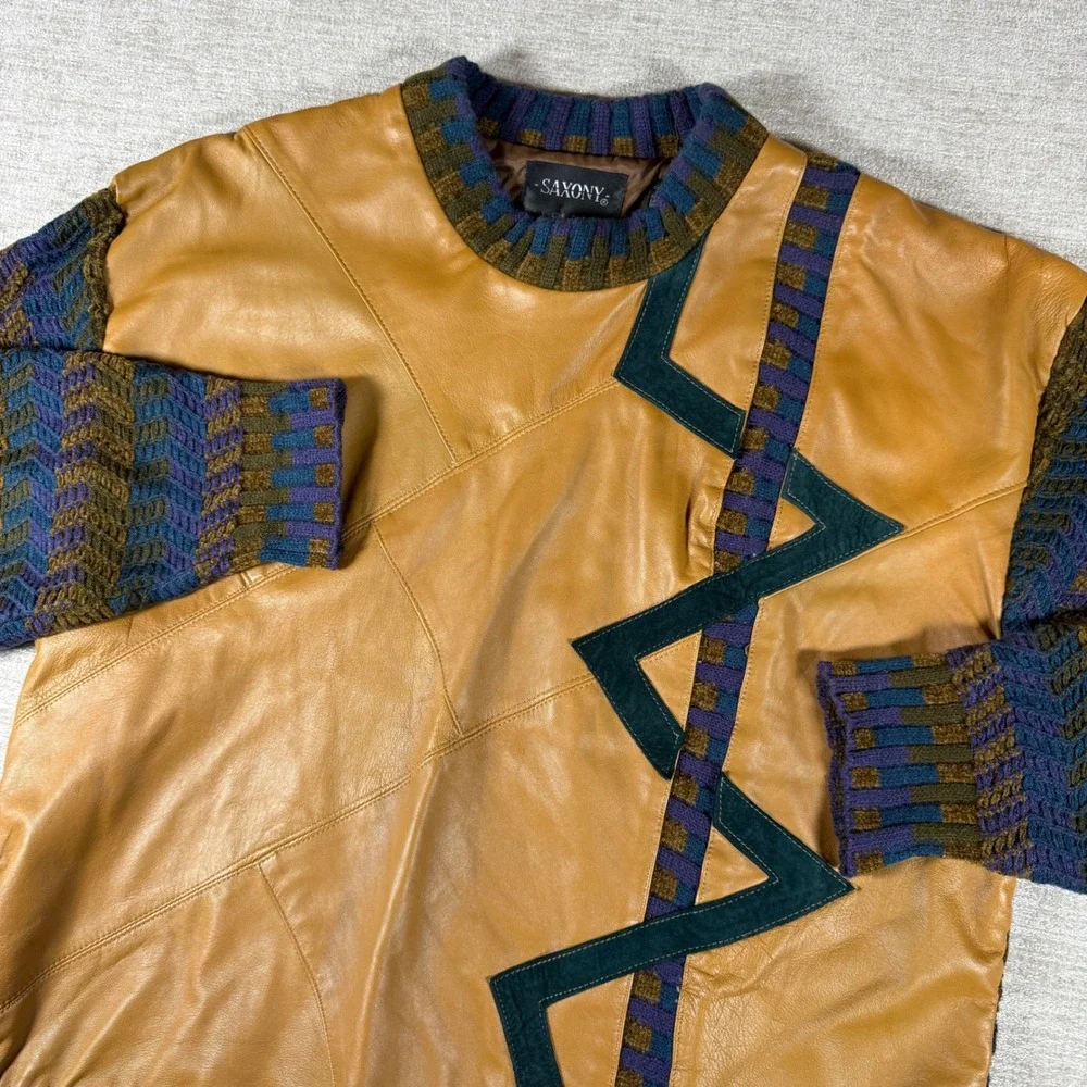 Saxony Sweater Mens XL Tan Leather Knit L/S Geometric Patchwork Vintage